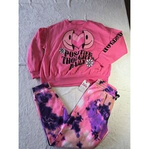 Justice Girls 2 Pc Set Dye Effect Jogger And Pink Sweater Side Large 12/14 NWT